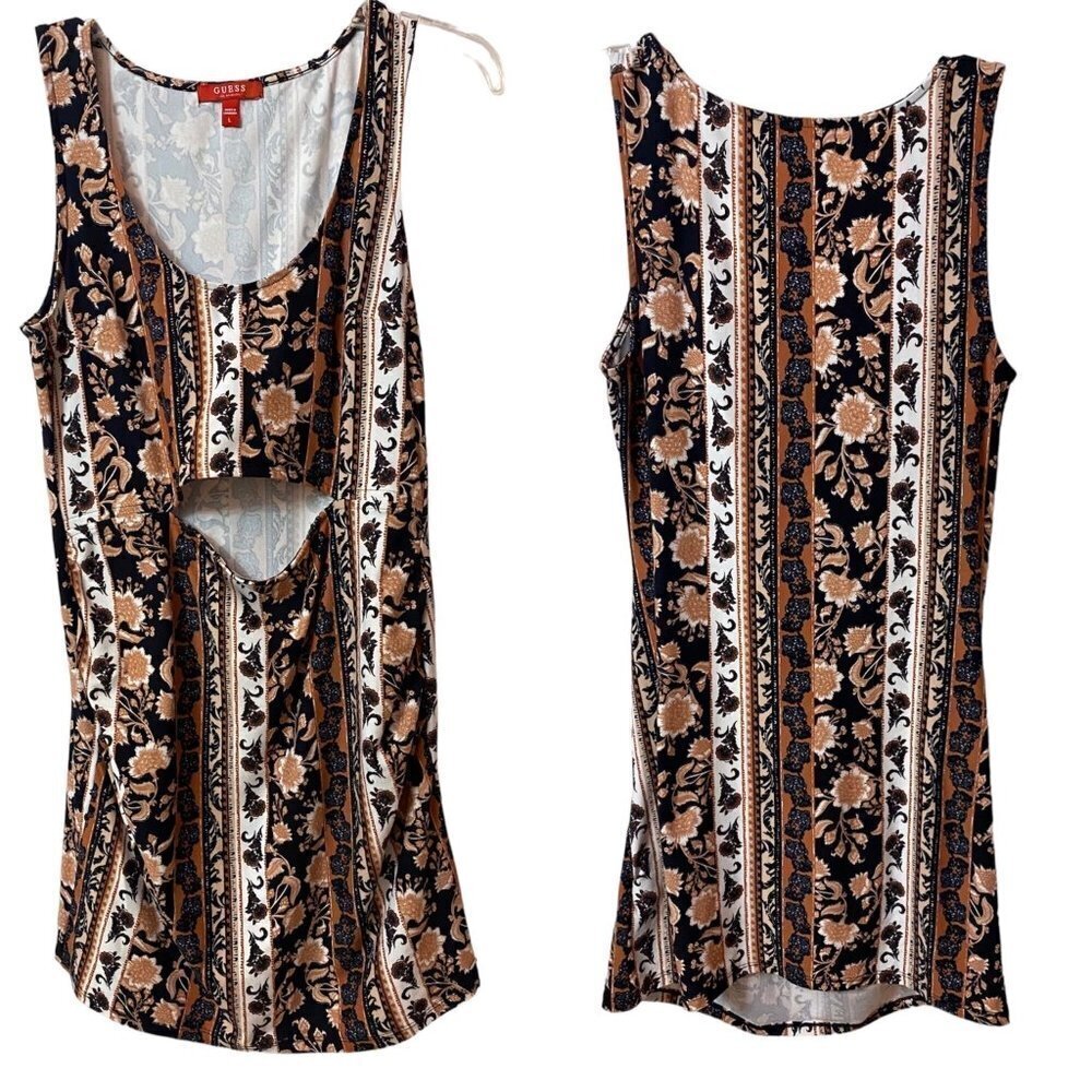 Guess Floral Bohemian Beachy Cut Out Waist bodycon Mini Dress, Women's Large